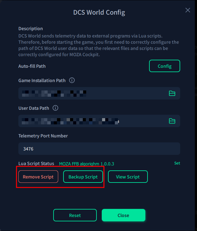 MOZA Cockpit's DCS World Config dialog, with the Lua Script Status reading "MOZA FFB algorithm 1.0.0.3" and the Remove Script and Backup Script buttons outlined below it.