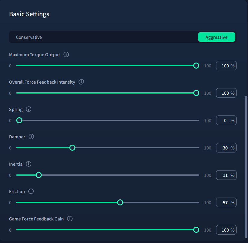 MOZA Cockpit's Basic Settings for the AB9, showing Spring at 0% and Damper, Inertia and Friction set to custom values.